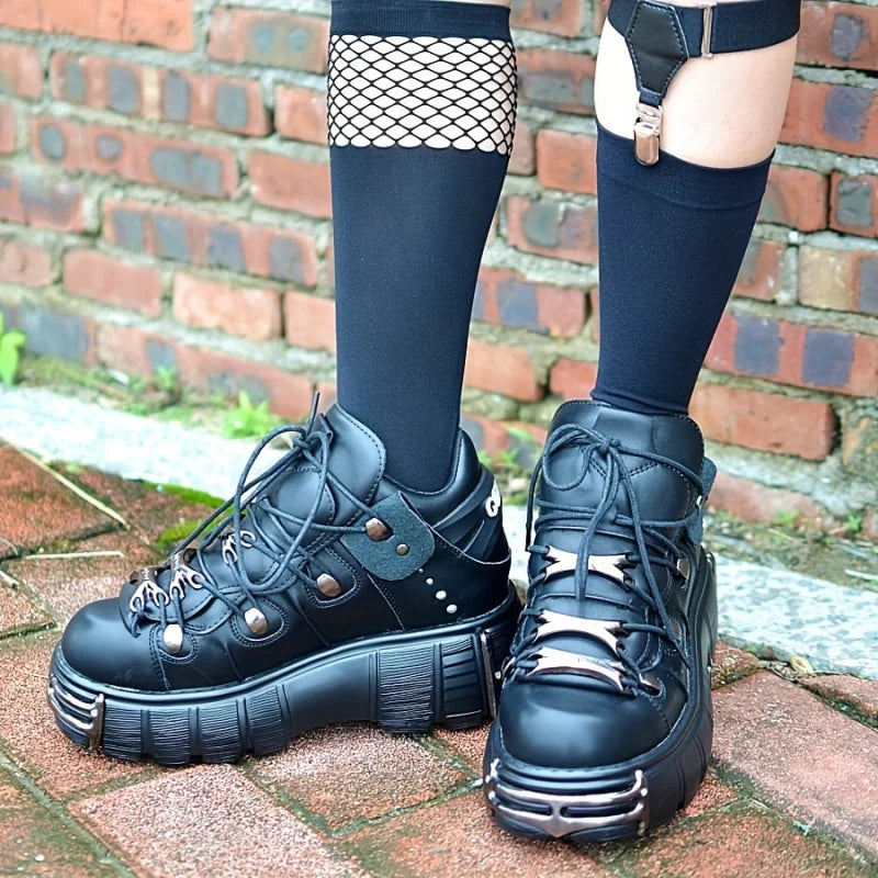 Platform Womens Sneakers With Metal Decoration Thick Sole Punk Gothic