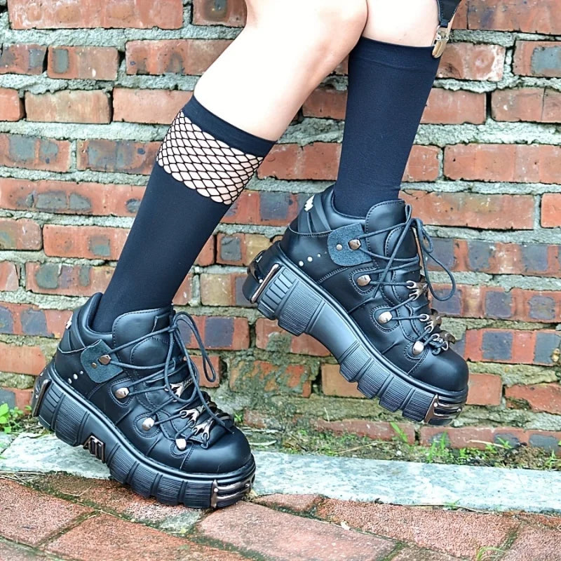 Platform Womens Sneakers With Metal Decoration Thick Sole Punk Gothic